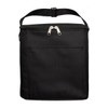 A black insulated lunch bag with a zip closure and adjustable strap, featuring a front pocket.