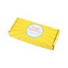 A custom box in bright yellow with a circular logo and stylised sunburst design.