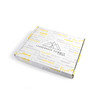 A custom printed box featuring a white background with yellow and grey text, including a logo and various motivational words.