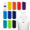 A collection of brightly coloured drink bottles in various shades, featuring a lid and a branding logo on one.