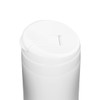 A white coffee cup with a lid featuring a slot for drinking, designed for beverages. It has a logo on the surface.