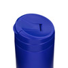 A blue coffee cup with a sleek design and a push-button opening feature, also featuring branding.