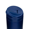 A drink bottle with a navy blue finish and a lid featuring a small opening for sipping, with a logo.