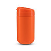 An orange coffee cup with a lid, featuring a smooth finish and a sleek design. It has a branding logo on it.