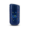 A reusable coffee cup in navy blue featuring a playful design and a lid. It includes a logo on the front.