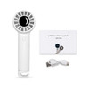 A white rechargeable fan with a circular design, accompanied by a user guide and USB charging cable.
