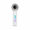 A white portable fan with a round grille design and a logo on the handle.