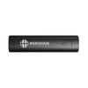A black power bank with a logo and indicator lights, designed for charging devices on the go.