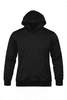 A black hoodie featuring a front pocket and a lined hood, with a subtle logo present.