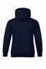 A navy blue men's hoodie featuring a solid back design and a spacious hood; includes a logo.