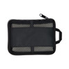 A black zippered pouch with a mesh front and a handle, suitable for organising small items.