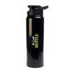 A black drink bottle with a black lid and a logo. The bottle features bold green and white lettering.