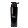 A black drink bottle with a flip-top lid and a logo. Suitable for outdoor activities or picnics.