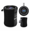 A black portable speaker with control buttons and a carry strap, featuring a logo on top.