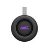 A round black speaker with a grey strap and a logo in purple.