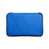 A blue zippered pouch with a textured surface, featuring a logo on the front.