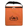A zippered orange cooler bag with a front pocket and a logo featuring a tent and trees.