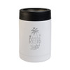 A white insulated drink container with a black lid, featuring a logo and a tropical palm tree design.
