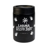 A black drink bottle with a palm tree design and a logo. Features illustrations of beer mugs around it.