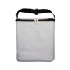 A grey cooler bag with a zippered top and a front pocket, featuring a black adjustable strap.