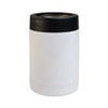 A white drink bottle with a black lid, featuring a sleek design and a logo. Ideal for outdoor activities.