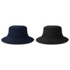 Two recycled surf hats are displayed, one in navy blue and the other in black, both with wide brims and a logo.