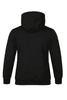 A black men's hoodie featuring a hood and long sleeves, with a simple design and a logo on the back.