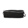 A black travel pack with grey trim, featuring a zip closure and side handles for easy carrying.