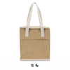 A tan cooler bag with white handles and a zip top, featuring a front pocket and a logo.