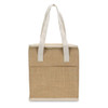 A tan cooler bag with white handles and a front pocket, featuring a logo on the side.
