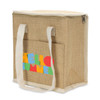 A tan cooler bag with white straps and a vibrant logo featuring the text "HELLO SUMMER."