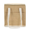 A neutral-toned cooler bag with white handles, featuring a textured exterior and two side pockets.