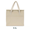 A cream cooler bag with double handles and a front pocket, featuring a simple logo on the side.