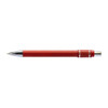 A red metal pen with a shiny silver clip and accents, featuring a logo.
