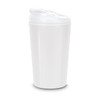 A white coffee cup with a lid, featuring a smooth design and a simple branding logo.
