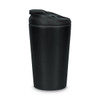 A black coffee cup with a lid and a sleek design, featuring a logo on the side.