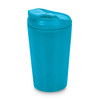 A reusable coffee cup in bright turquoise, featuring a lid and a sleek design. It includes a logo on the surface.