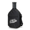 A black pickleball bag with a zippered pocket and two handles for paddles, featuring a logo on the front.