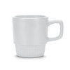 A stackable coffee mug in white ceramic with a textured base and a simple handle. It has a logo on the side.