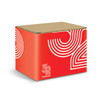 A cardboard box featuring a bold red design with white abstract patterns and a logo.