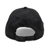 A black sports cap featuring a structured back, adjustable strap, and a logo.