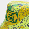 A vibrant yellow and green bucket hat featuring various playful patterns and an embroidered patch.