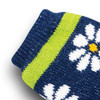 A pair of blue cosy socks with a floral pattern and green stripes. The socks feature a logo.