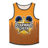 A vibrant orange men's active tank top featuring a star graphic and pom-poms, with a logo included.