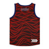 Custom youth active tank top featuring a red and dark pattern with a blue trim and a logo on the front.