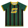 A green, black, and yellow custom youth active T-shirt featuring a logo on the front and a striped design.