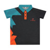 A black and teal youth active polo shirt with an orange collar and logo. Features a geometric design.