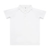 A white custom youth active polo featuring a collar and buttons, with a logo on the chest.