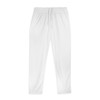 A pair of white men's active pants with an elastic waistband and drawstring, featuring a logo.
