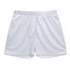 White women's active shorts with an elastic waistband and drawstring. Features a logo on the waistband.